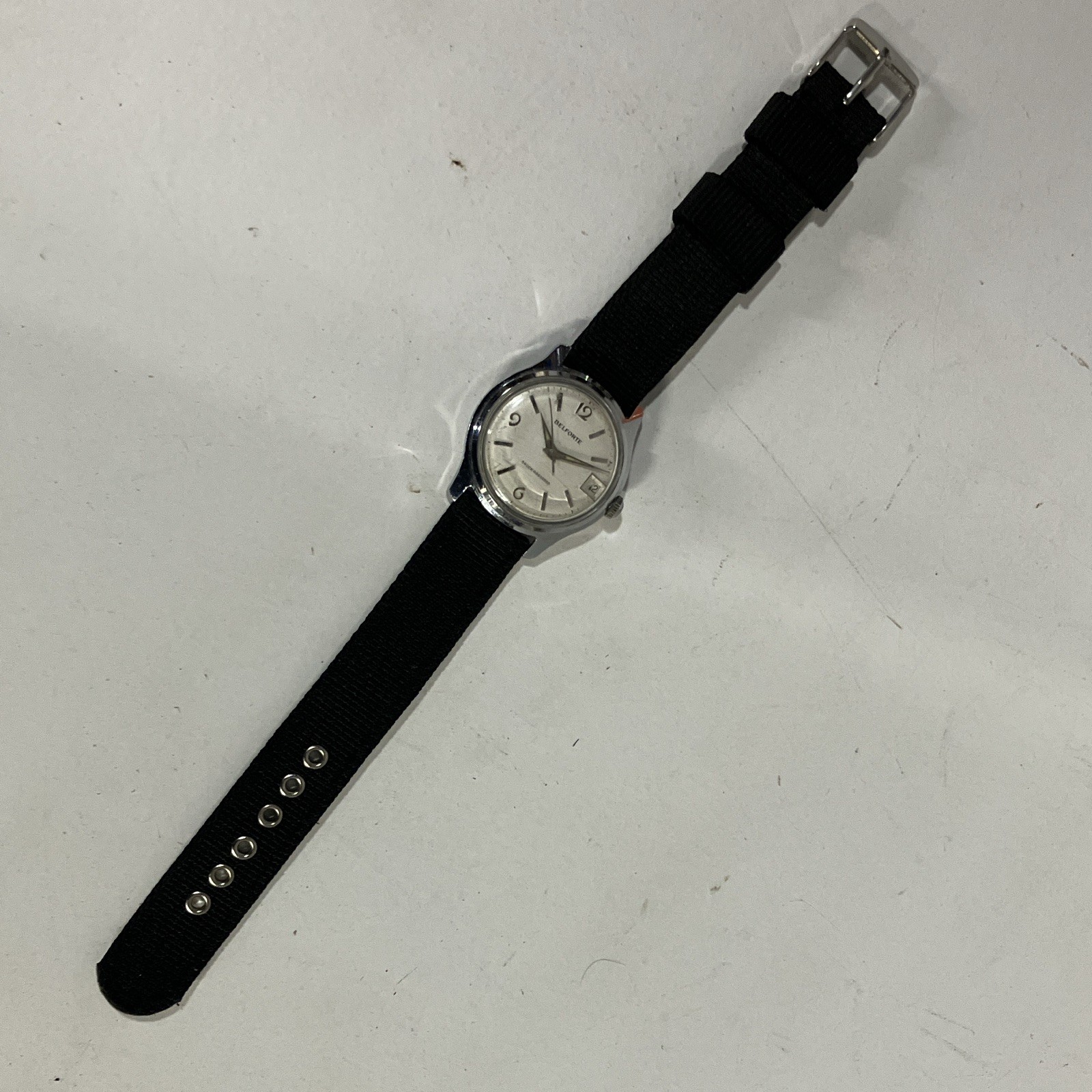 Belforte Shock Absorber Manual-Wind Date Silver Dial Black Nylon Strap