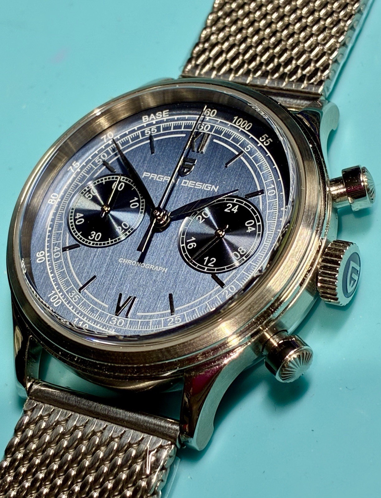 PAGANI DESIGN 40MM CHRONO VINTAGE STYLE BLUE BICOMPAX DIAL SEIKO VK64 QUARTZ