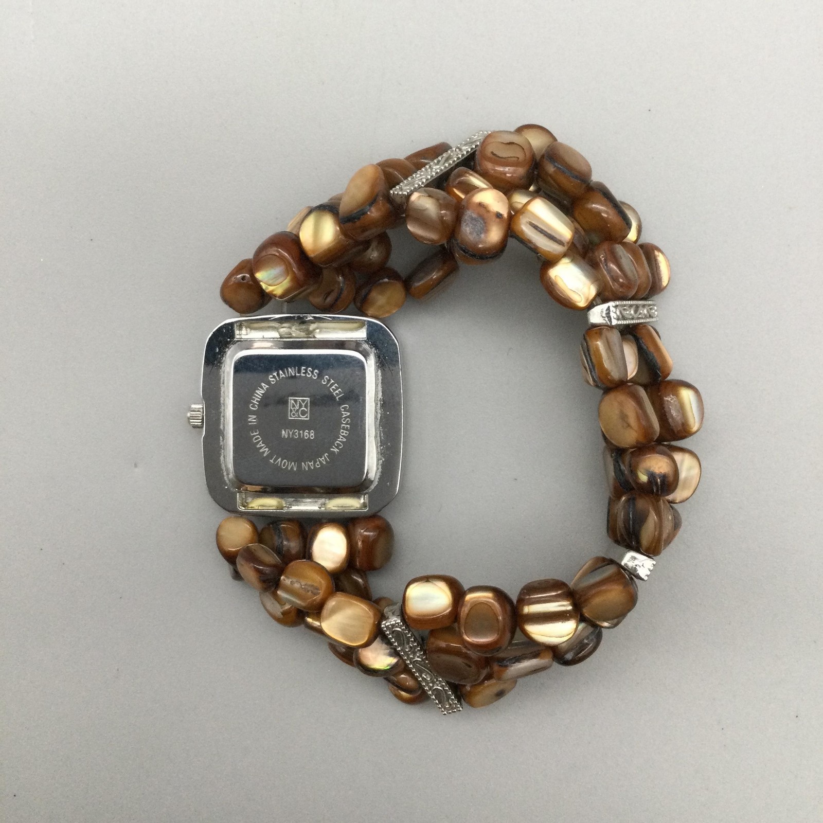 NY&C Womens Watch 28mm Silver Tone Brown Beaded Bracelet NY3168 New Battery