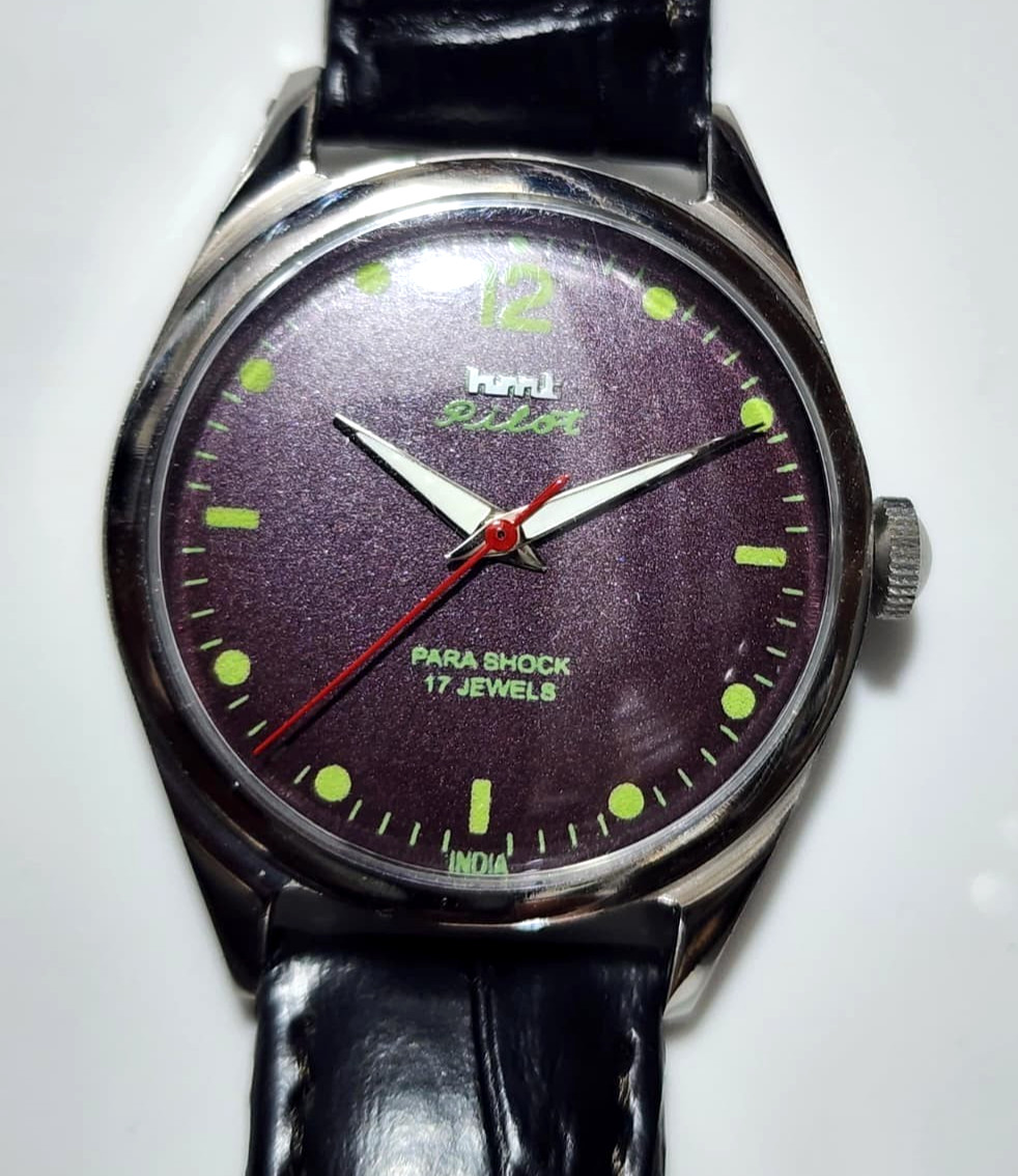 Rare HMT Pilot Purple Sunburst Dial 17 Jewels Mechanical Hand Winding Watch Ind