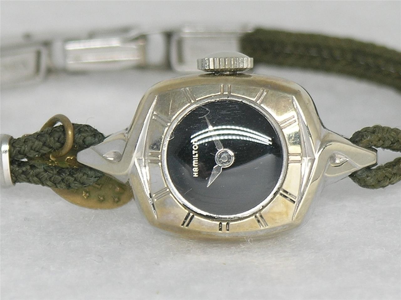 MID-CENTURY 1950’S 10K WHITE GOLD FILL HAMILTON WATCH W/ ATOMIC BOX, RUNNING!