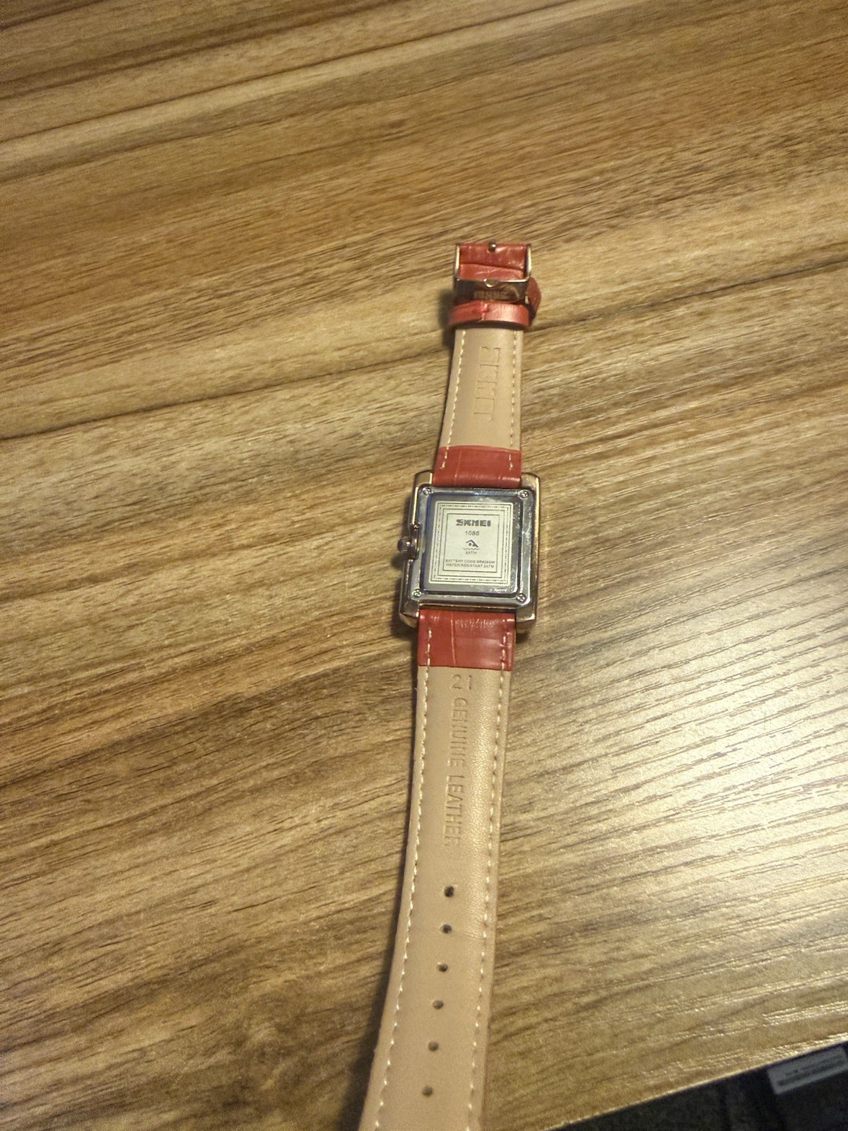SKMEI 1085 Rectangle Analog Watch White Roman Dial Red Leather Strap 30m Quartz