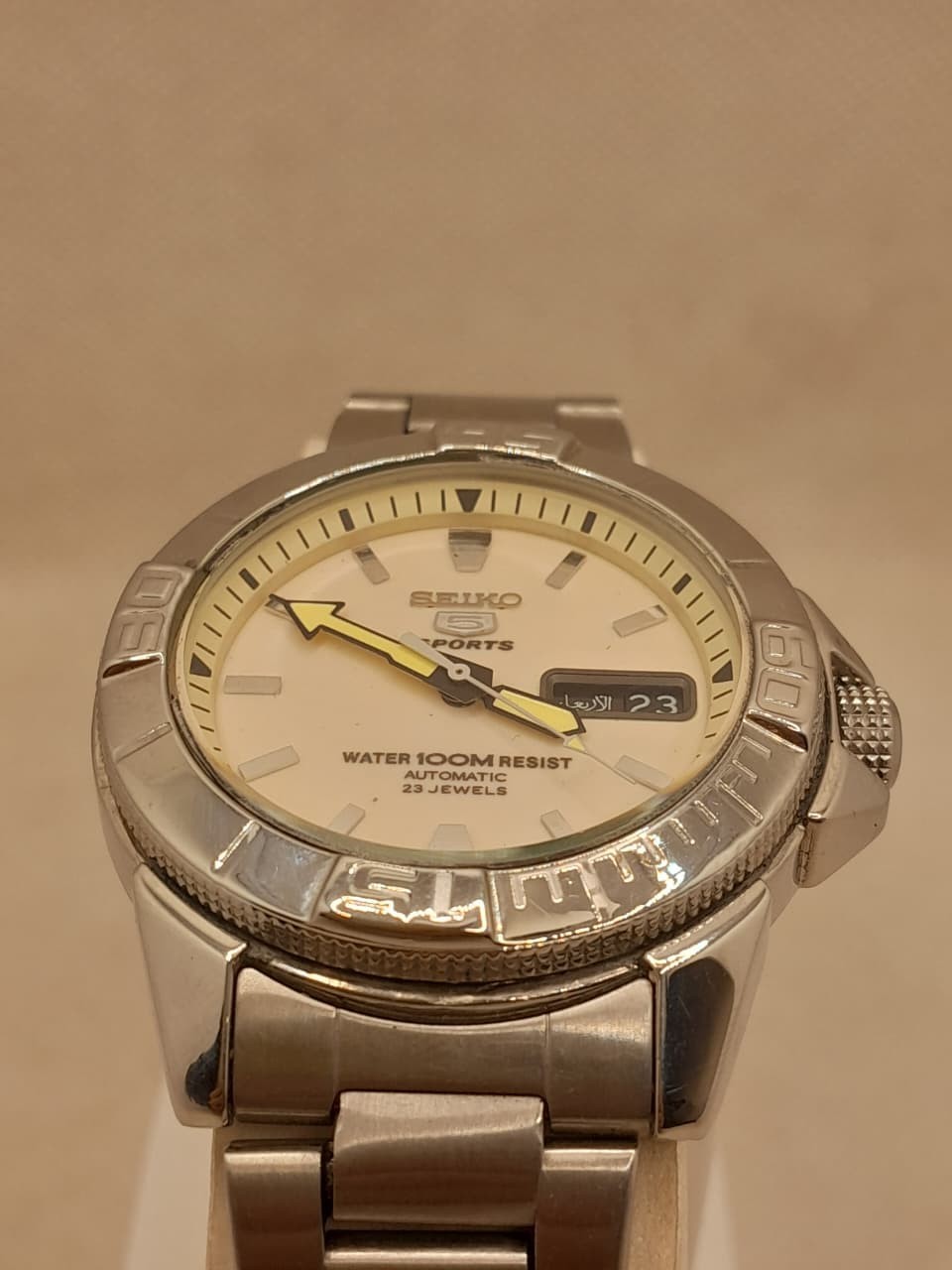 Seiko 5 Sports Automatic 23 Jewels Cream Dial Men’s Stainless Steel Watch