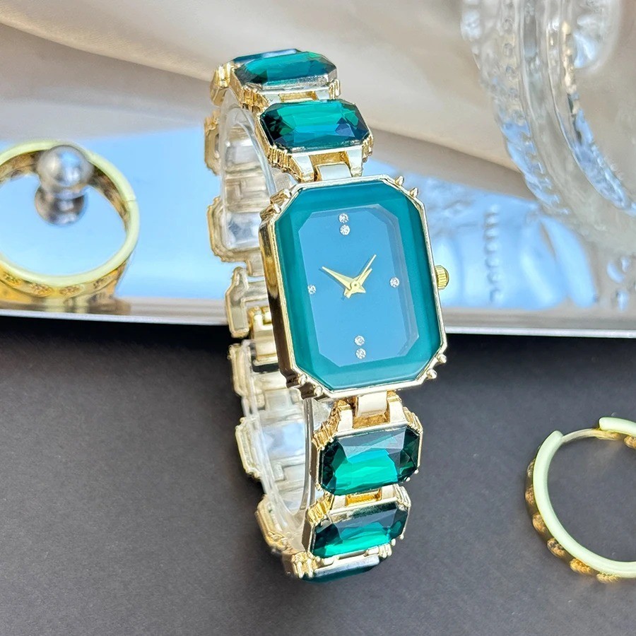 Square Case Quartz Wrist Watches for Women Faux Gem Strap Bracelet Banquet Watch