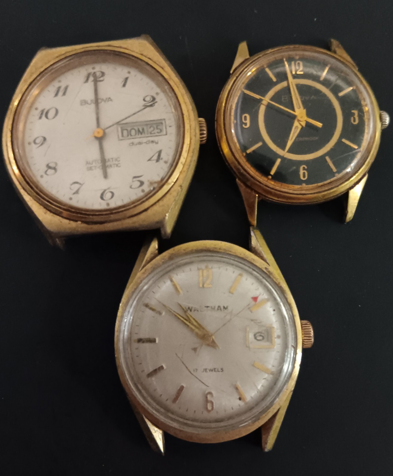 Vintage gold tone mens watches 2 Bulova N9 1 Waltham no bands all 3 run tested