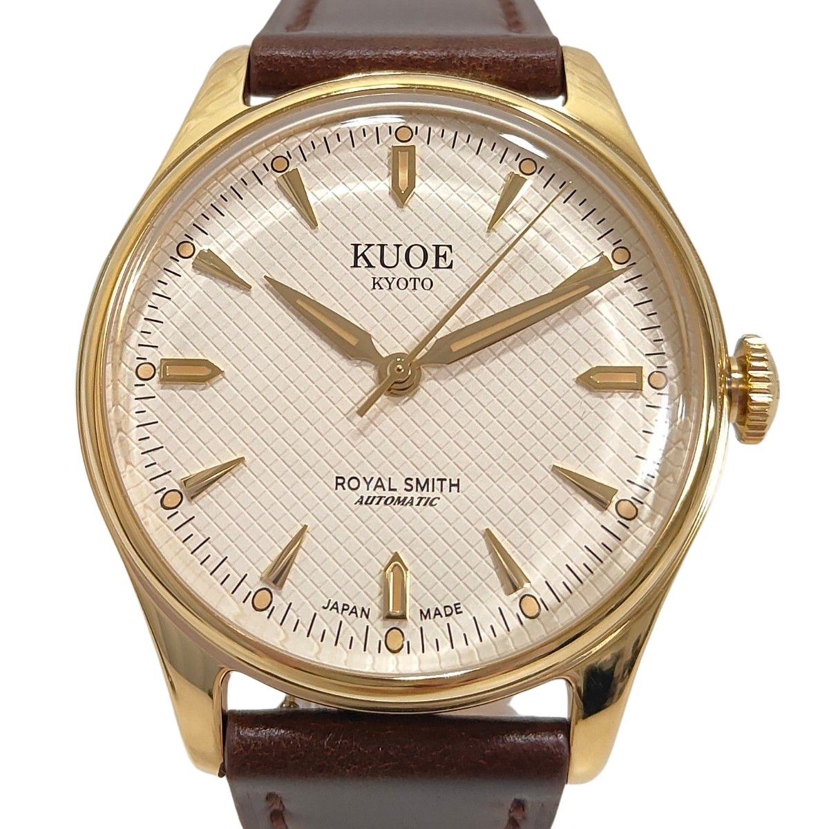 KUOE Kyoto Royal Smith 90-006 Ivory Waffle Dial Watch New Brown Leather Band JP