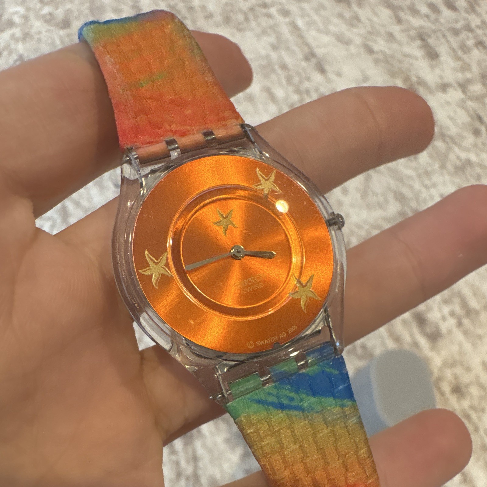 Swatch Quartz Analog Orange Dial Clear Plastic Case Multicolor Leather Strap