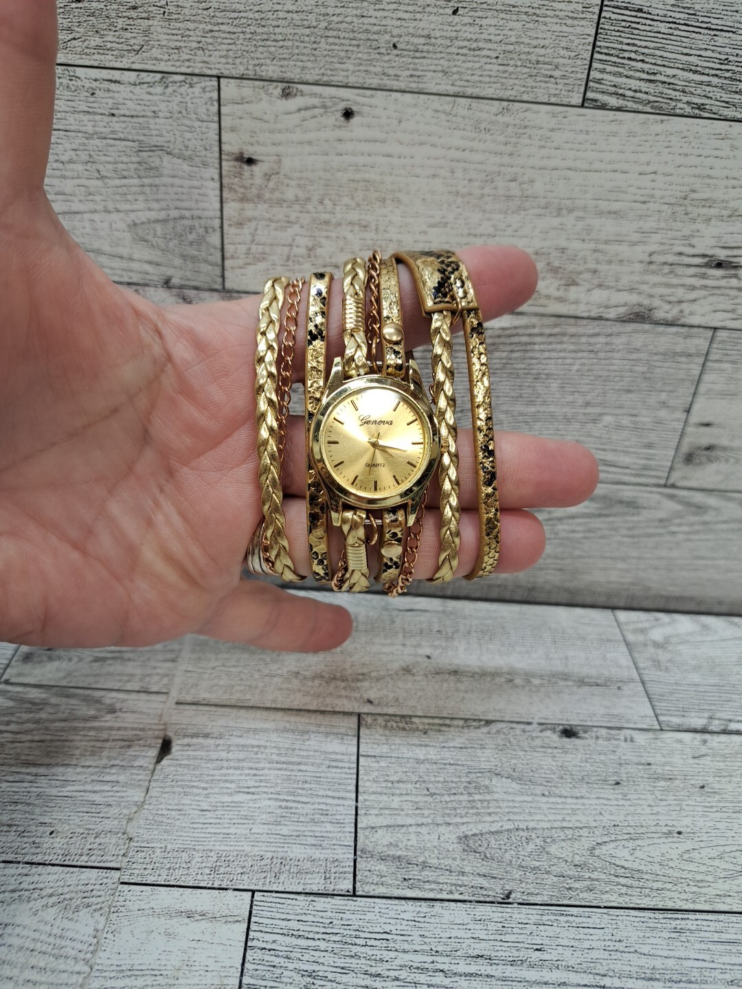 Geneva Women’s Watch Button Snap Multi Braid Snake Skin Gold Tone Bracelet Band