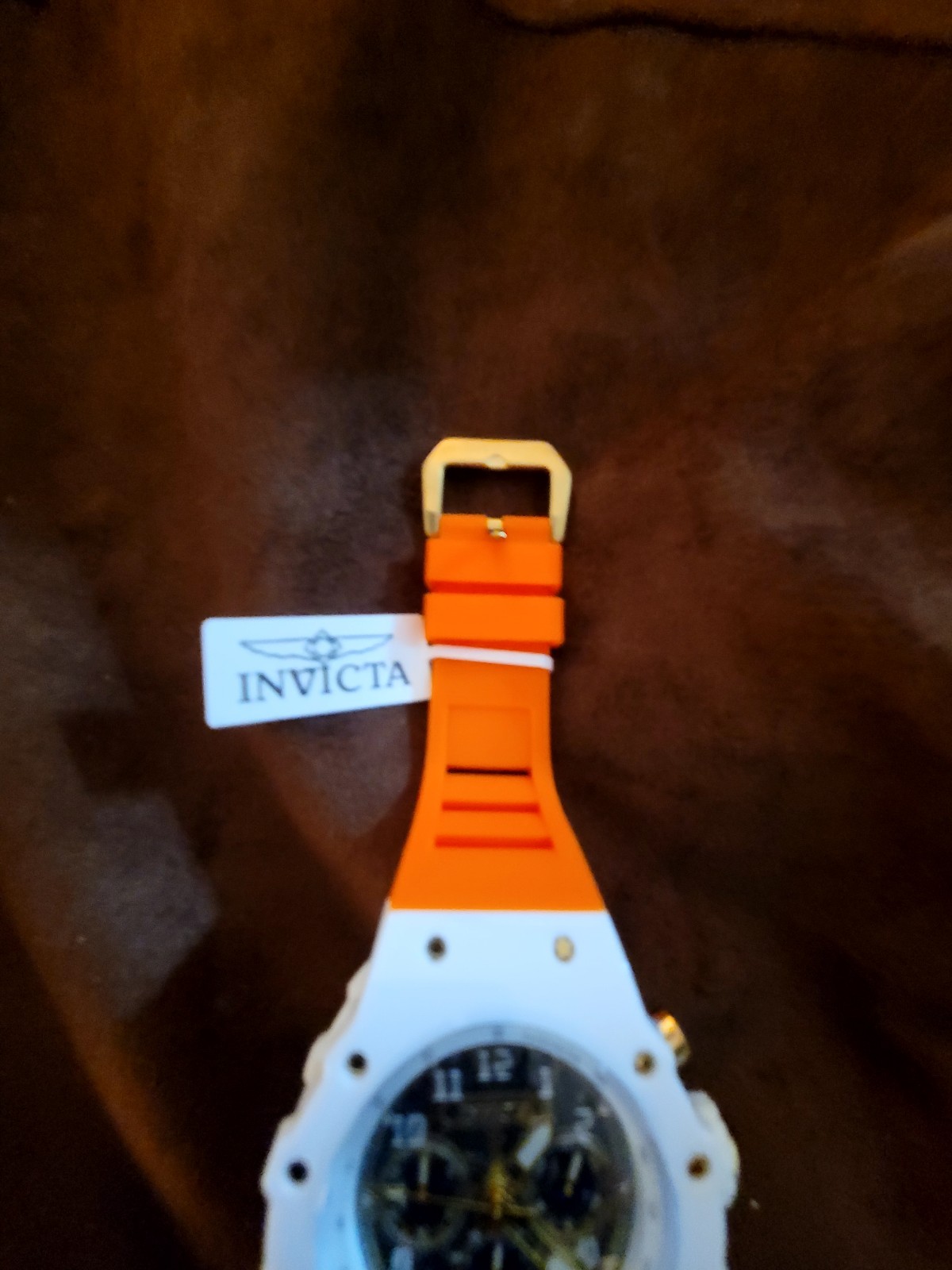 Invicta Men’s Chronograph Quartz Watch Tachymeter Black Dial Orange Strap Box