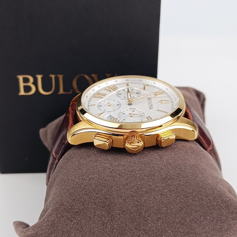 Bulova Men Wilton White White Dial Brown Leather 97B169 Chronograph Watch 46.5mm