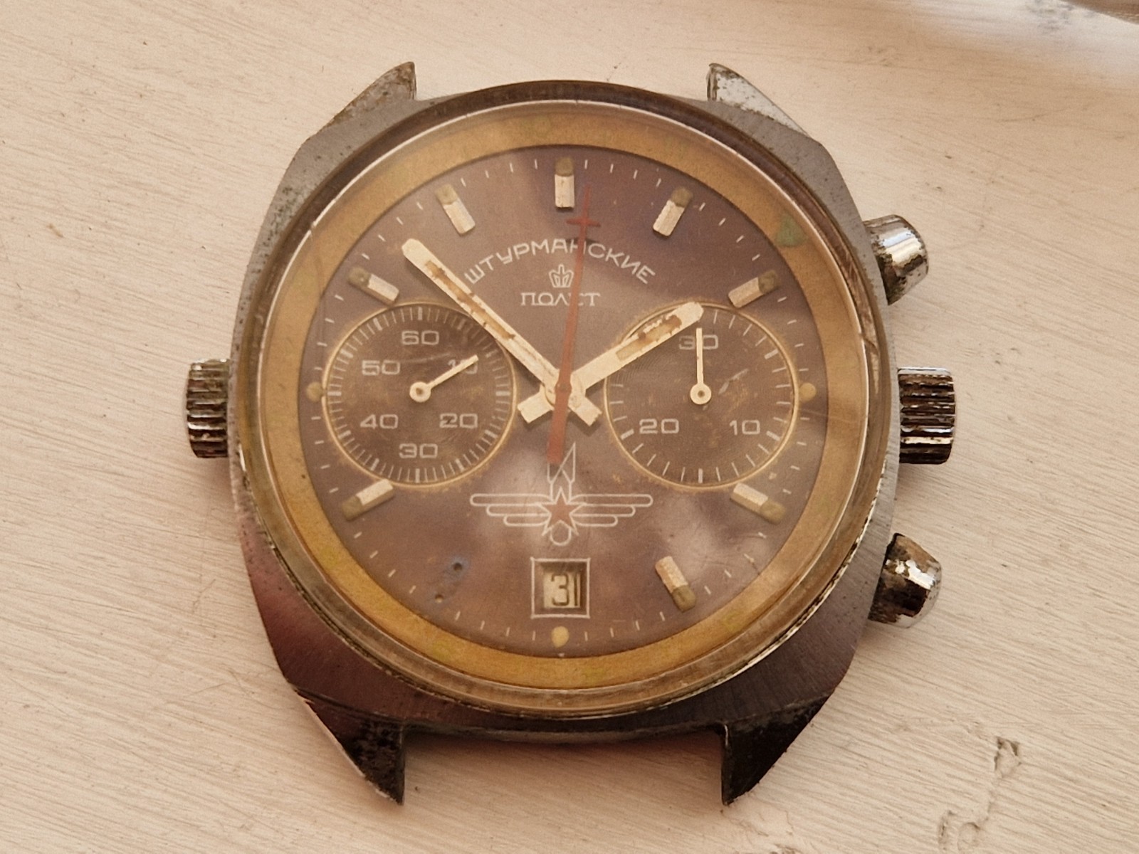 Poljot Sturmanskie 3133 chronograph Soviet watch project missing back rusted