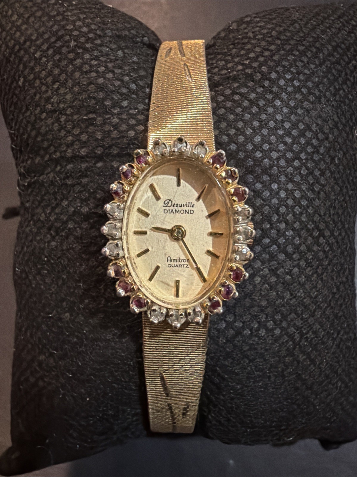 Vintage Deauville Armitron Quartz Diamonds & Ruby Bezel Watch