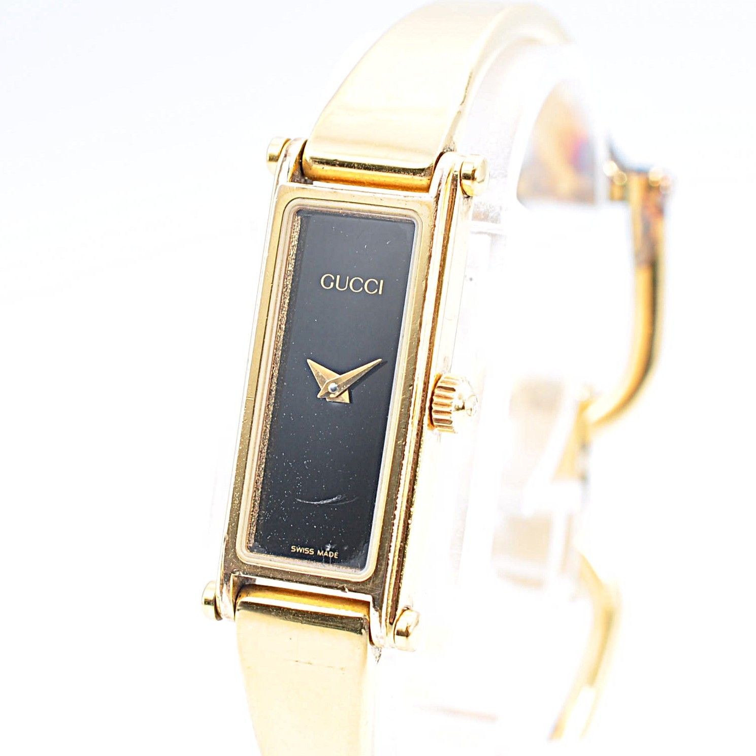 GUCCI 1500L Bangle Quartz Analog Square Gold Black Watch w-12232