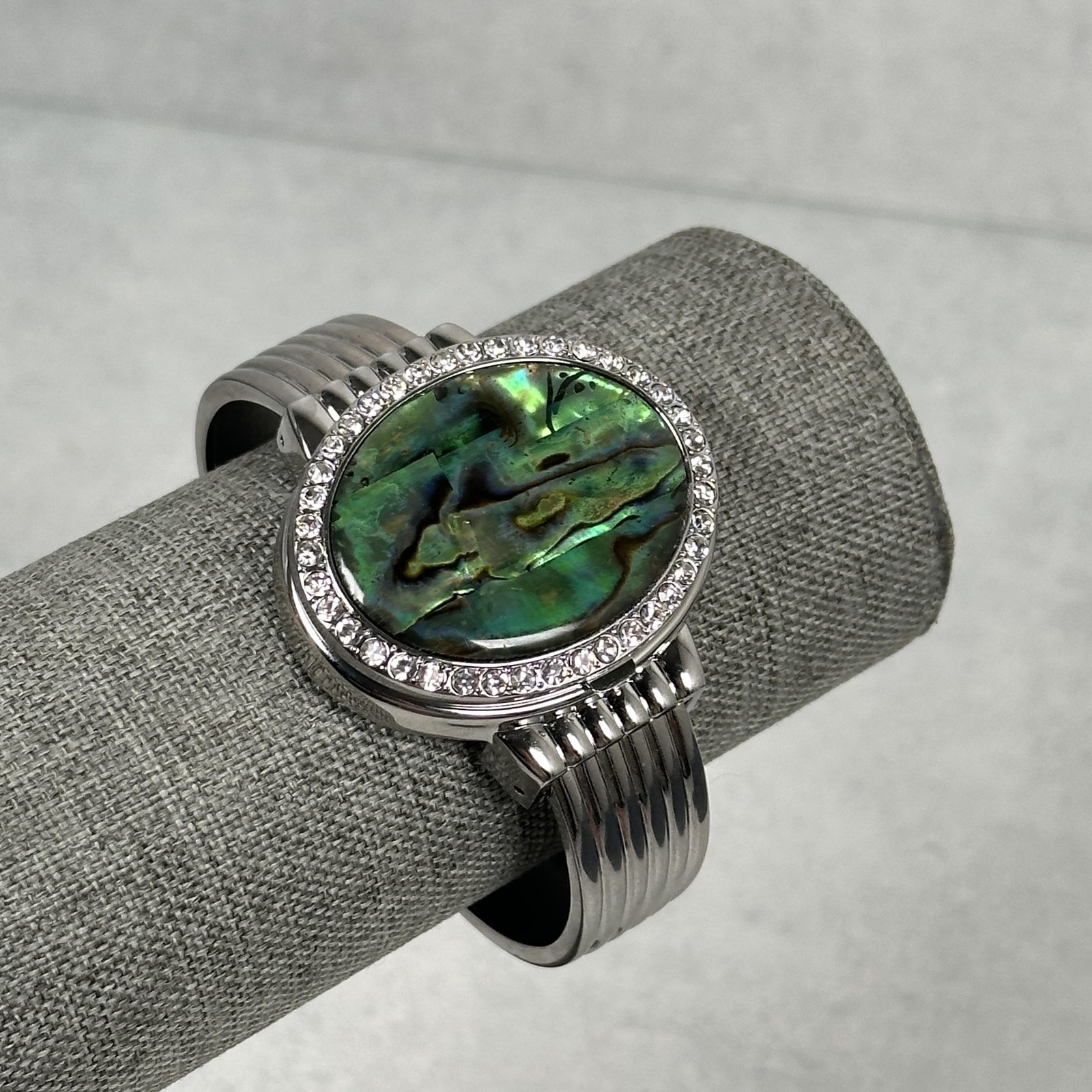 Geneva Watch Womens 43mm Green Abalone Cover Crystal Bezel Cuff New Battery