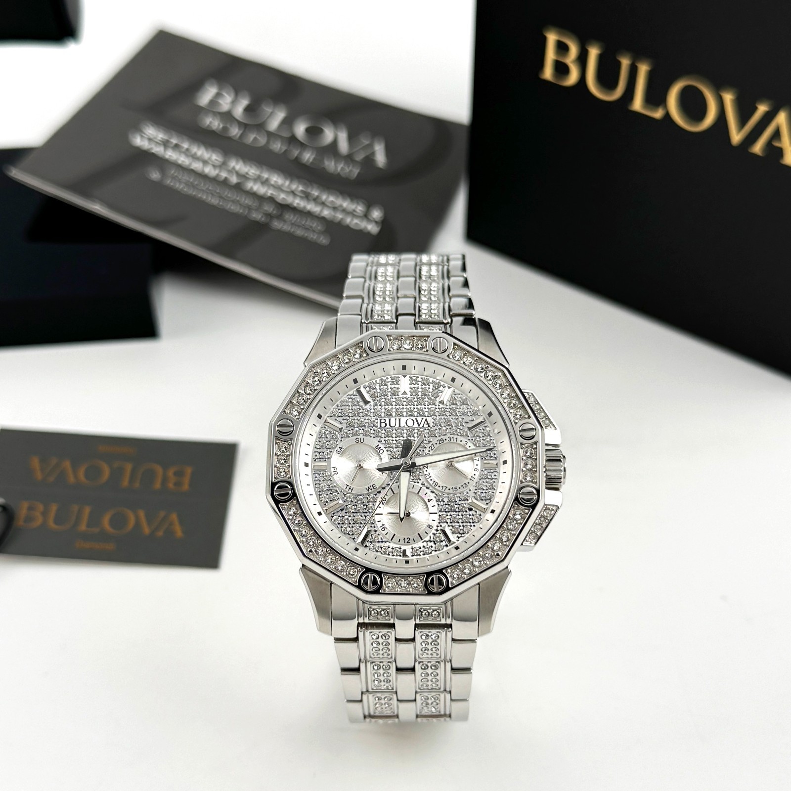 Bulova Octava Crystal 96C134 Silver Pave Dial Quartz Stainless Steel Men’s Watch