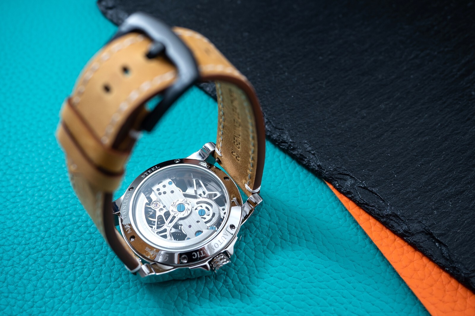 Mens Silver Automatic Mechanical Watch Yellow Brown Suede Leather Strap