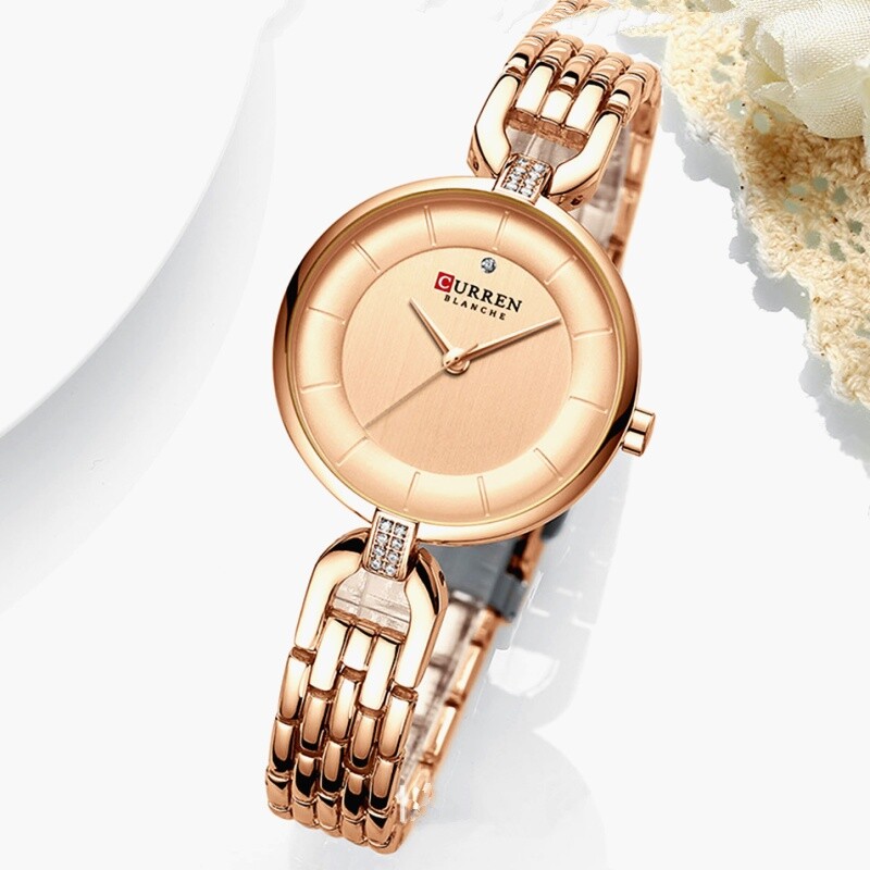 Ladies Elegant Simple Round Face Rose Gold Crystal No Hour Marks Quartz Watches