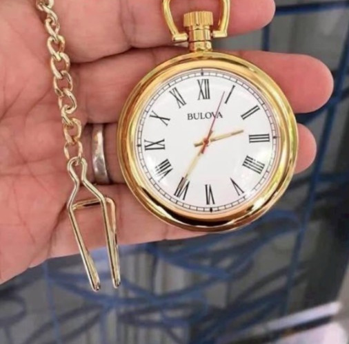 Bulova Ashton Gold-Tone Pocket Watch B2662 Quartz High-Gloss Mahogany Wood Box