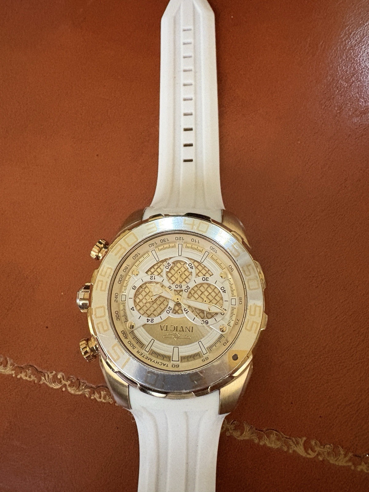 Invicta Speedway Chronograph Gold Tone Scuba Watch 50mm case luminous hour marks