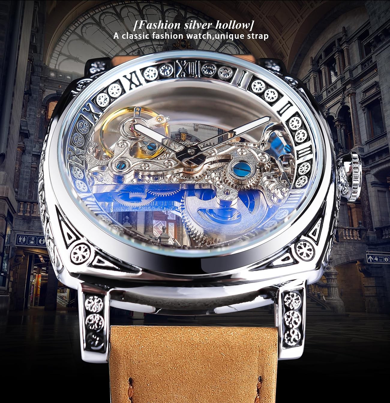 Men’s Luxury Square Carving Mechanical Watch, Retro Totem Double Sided Hollow…