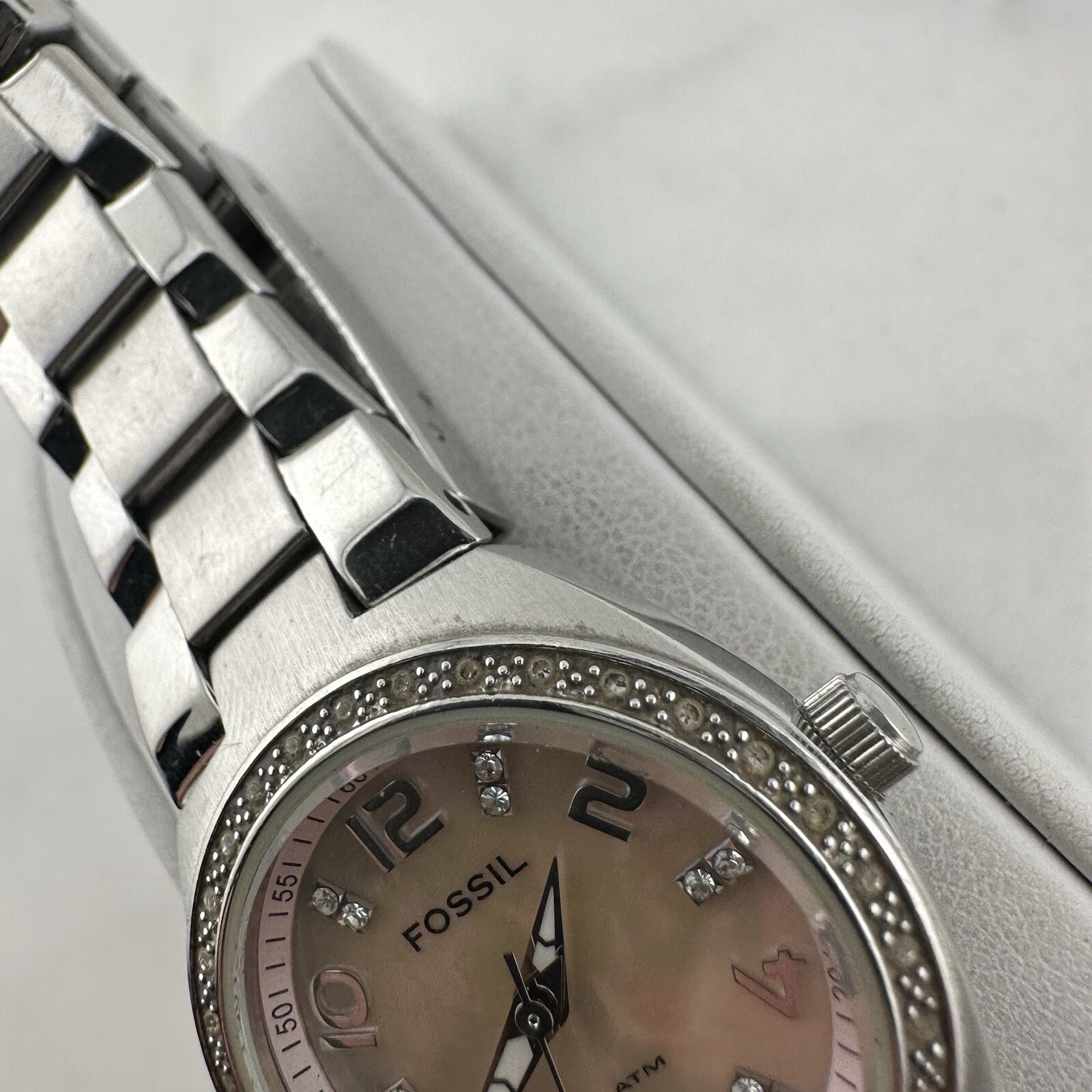 Fossil Flash Watch Women 28mm Silver Tone Date Bling MOP Dial New Battery Sz 6”
