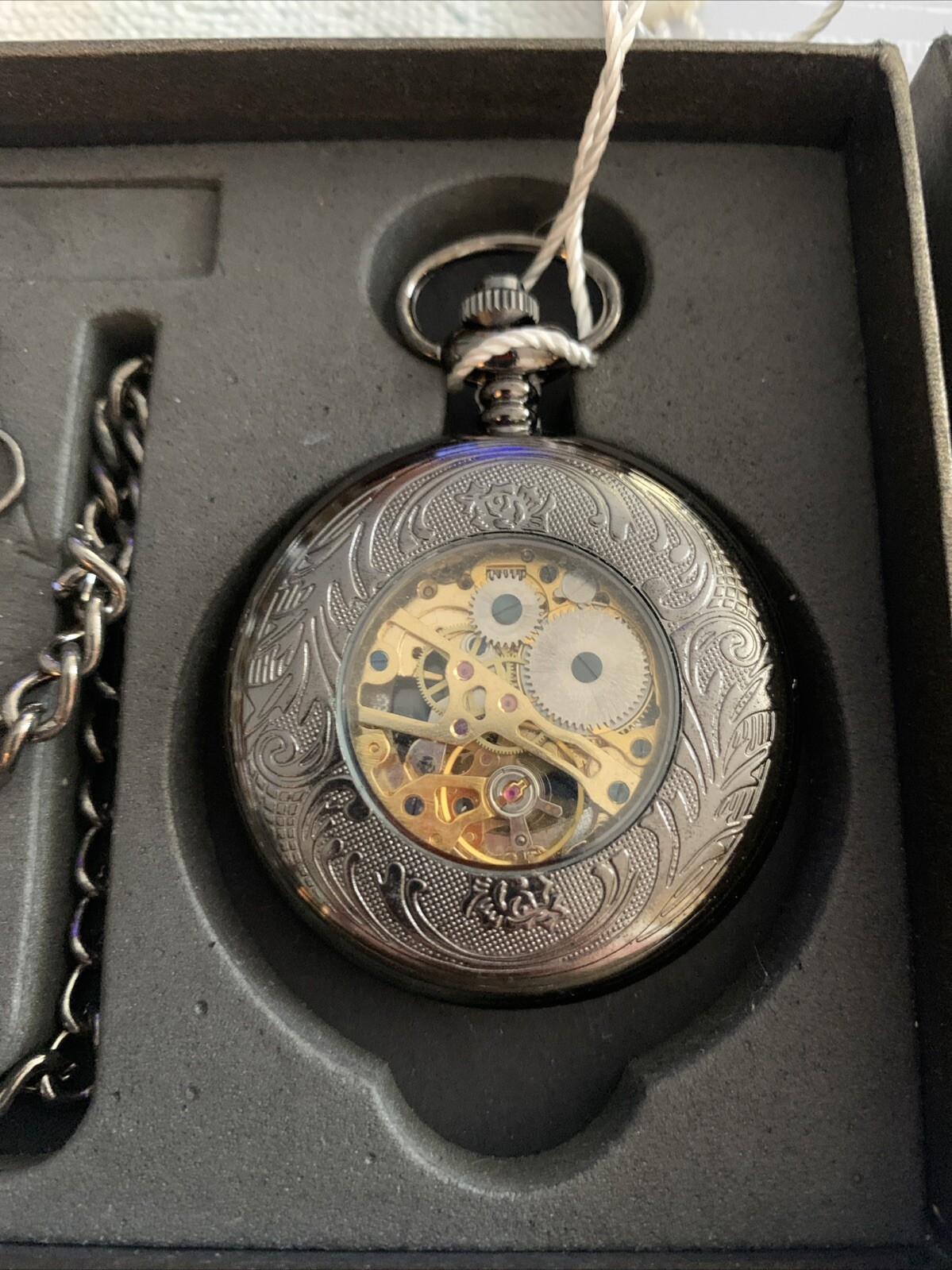 Kronen & Sohne Black Mechanical Pocket Watch In Original Box W Fob Chain