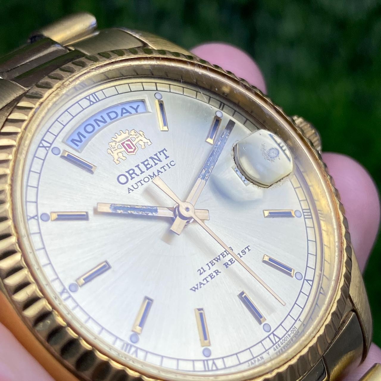 Rare Orient President Automatic Gold Dial Day Date Baton Index Vintage Watch Men