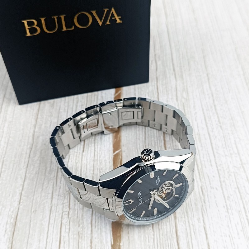 Bulova Surveyor Automatic Black Gold Dial Silver Steel Men Watch 42mm 96A270