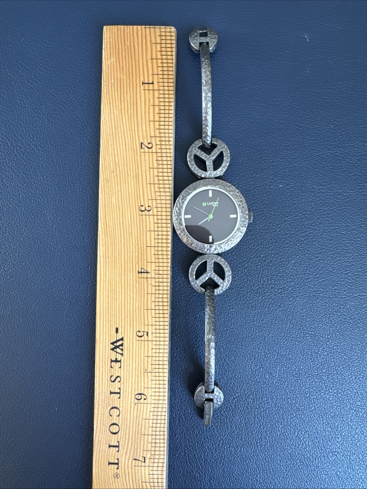 Lucky Brand Watch Peace Sign Needs Battery 6.25″ Womens 32mm Hammered Metal