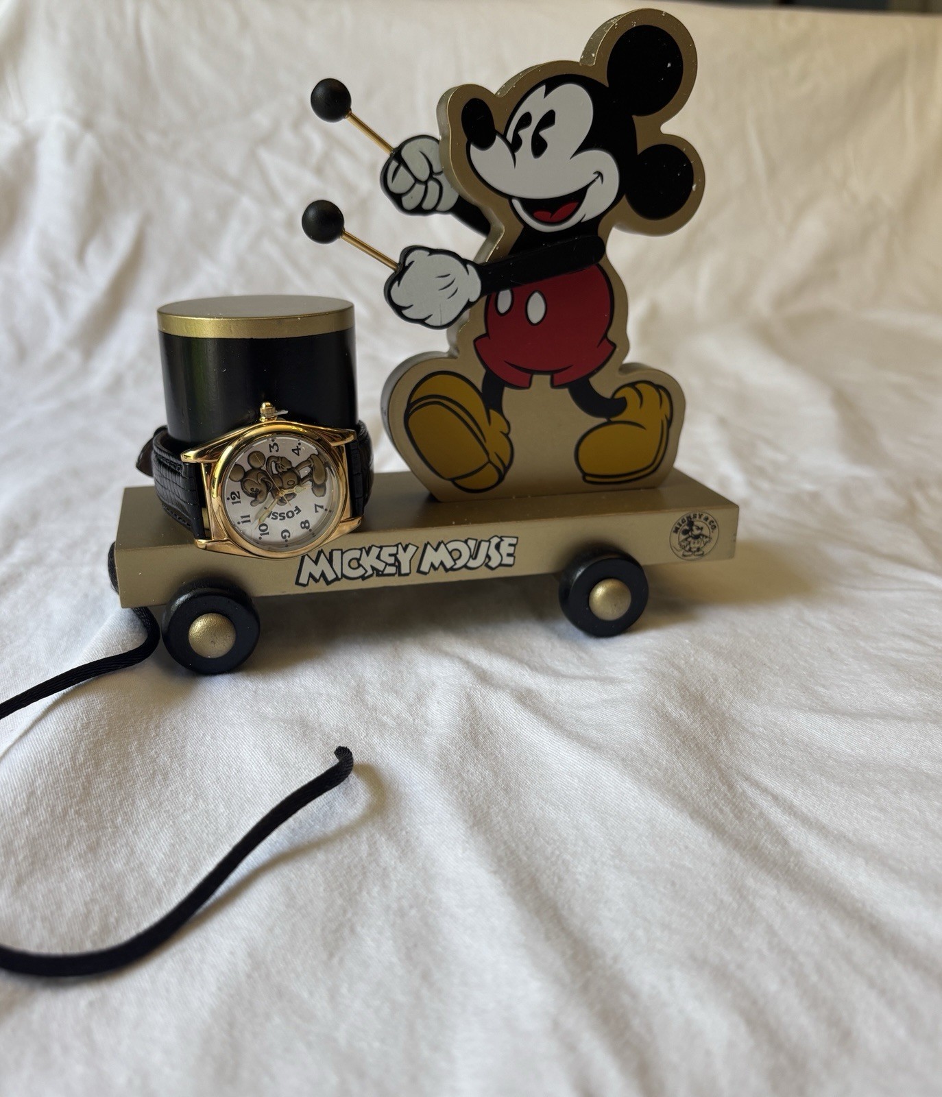 Fossil Mickey Mouse Limited Edition Gold Watch & collectible wood toy. *New