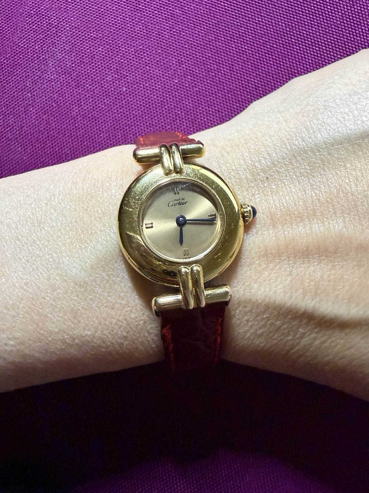 Vintage Must De Cartier Ladies Watch -Gold Tone Red Leather Strap+Black Strap