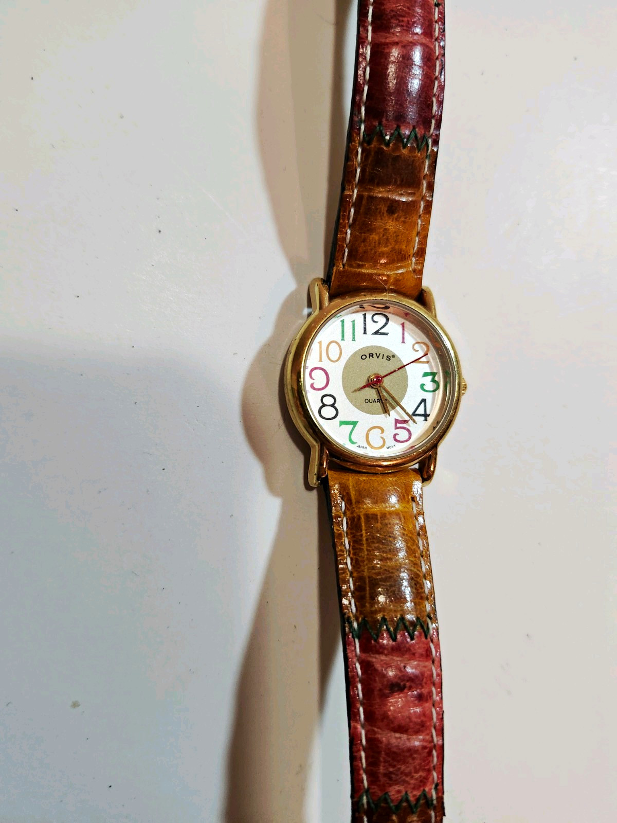 Orvis Quartz Analog Wristwatch Gold Case Multicolor Leather Strap 30m 3 ATM