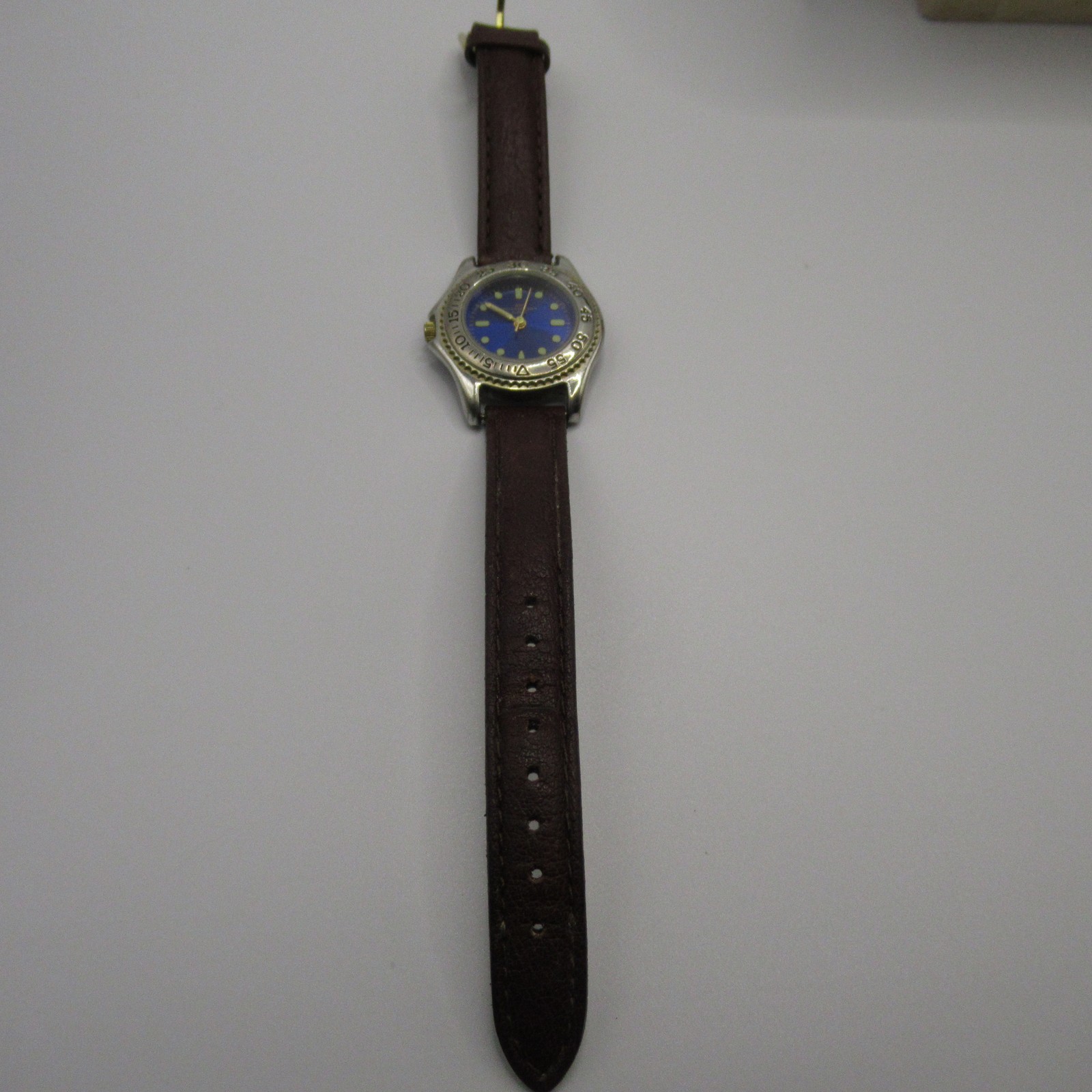 Quartz Diver Style Watch Blue Dial Brown Leather Band Water Resistant 30M
