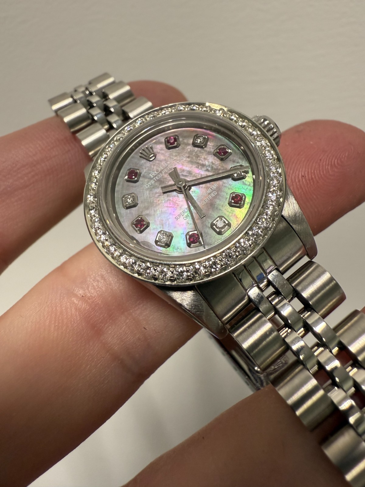Rolex Ladies Oyster Perpetual Black MOP Ruby Diamond Dial Diamond Bezel Jubilee