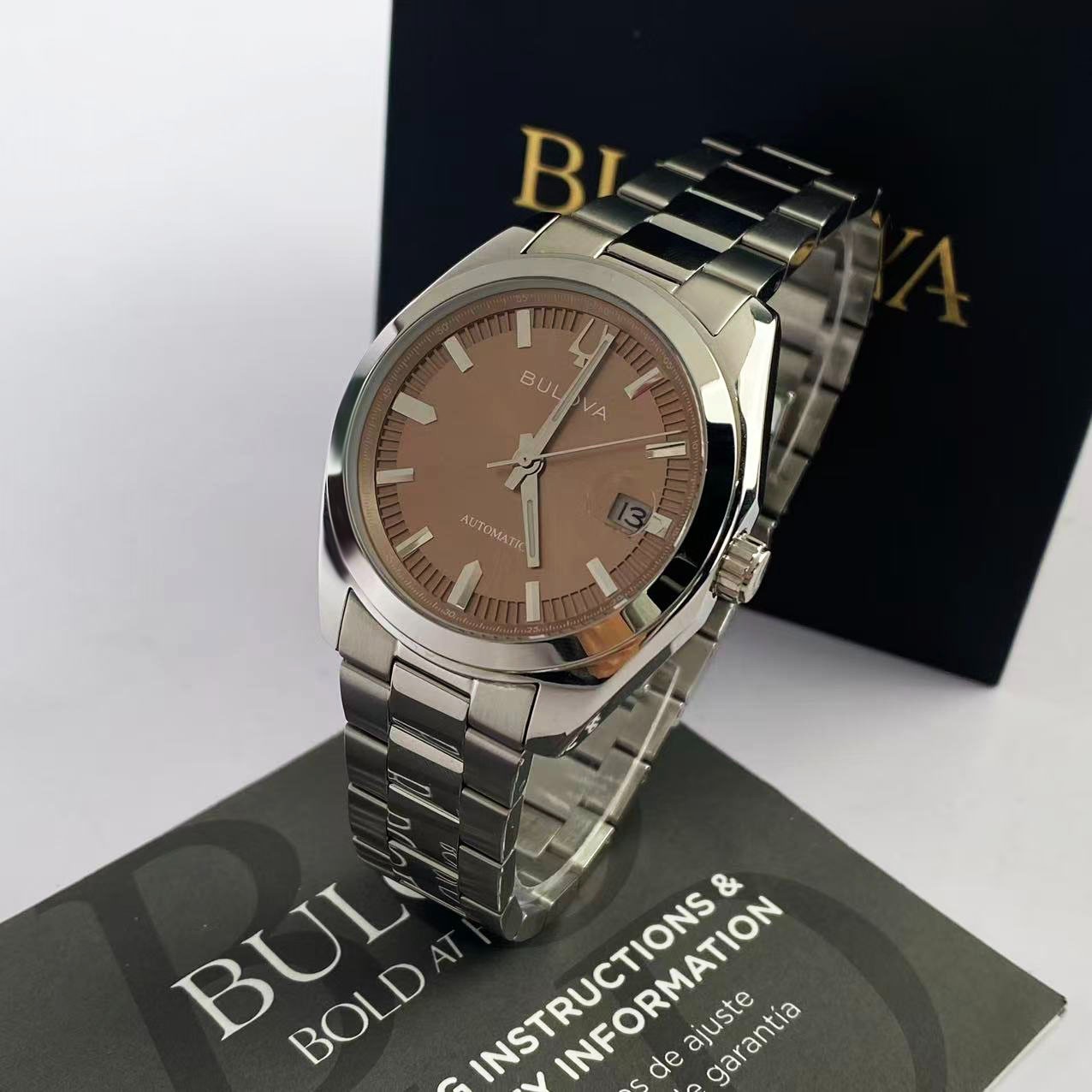 New Bulova Surveyor 96B470 Brown Dial Stainless Steel Men’s Automatic Watch 39mm