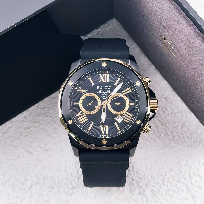 Bulova Marine Star A 98B278 Men’s Quartz Watch Black Dial Silicone Strap 44MM