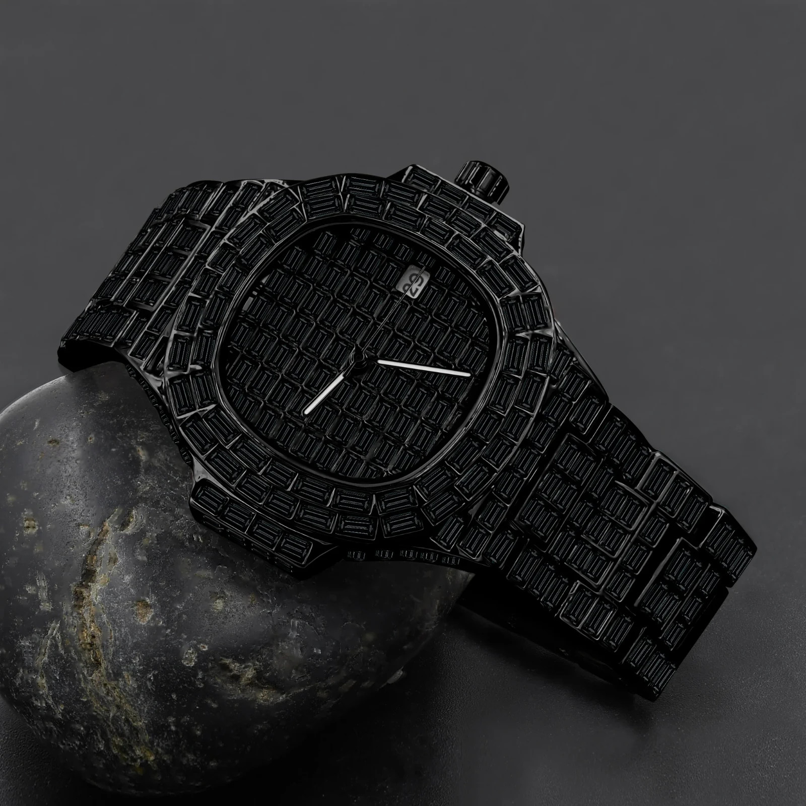 Pulsar Mens Iced Out Watch Black Baguette Hip Hop Bling Date Quartz