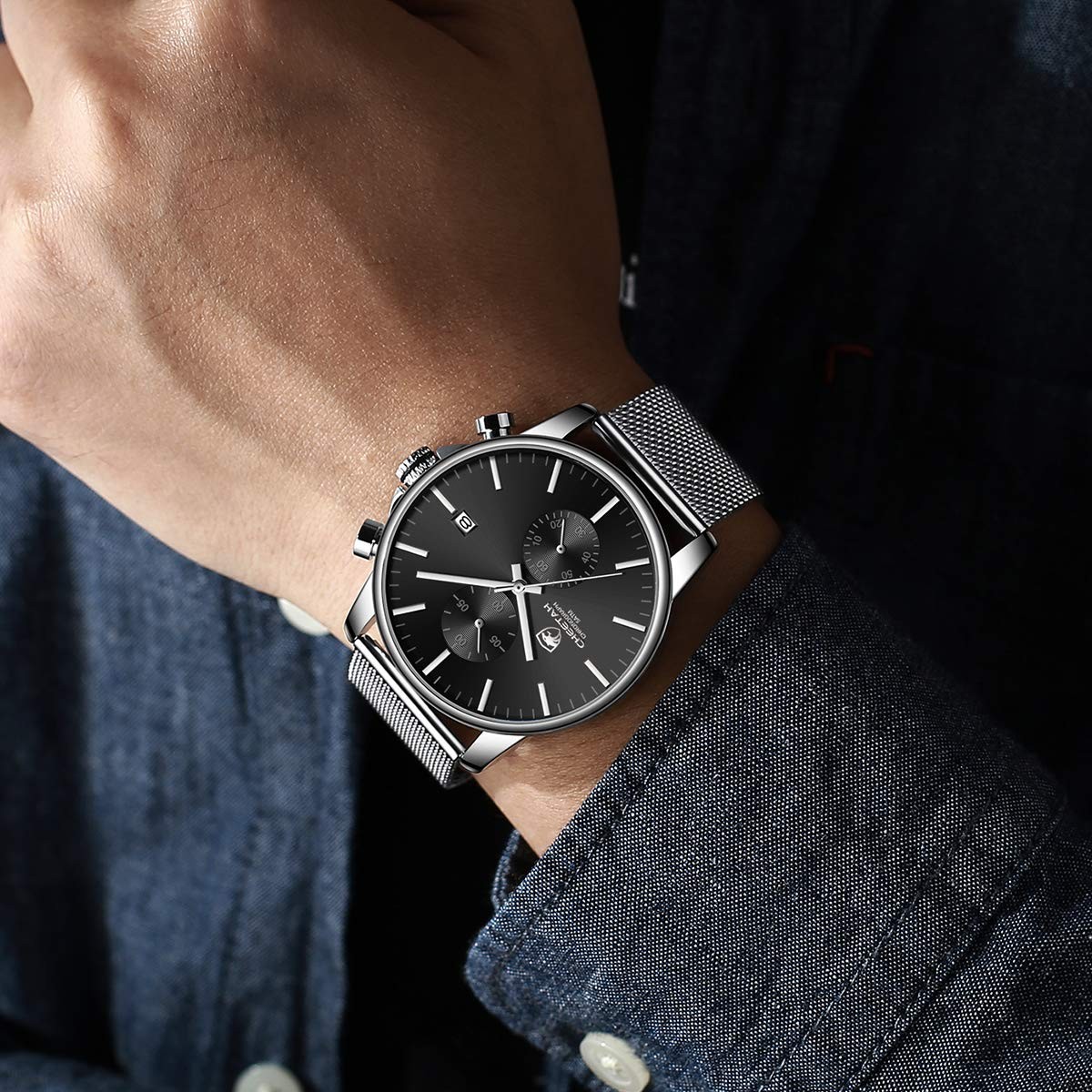 GOLDEN HOUR Men’s Watch Fashion Sleek Minimalist Quartz Analog silver black