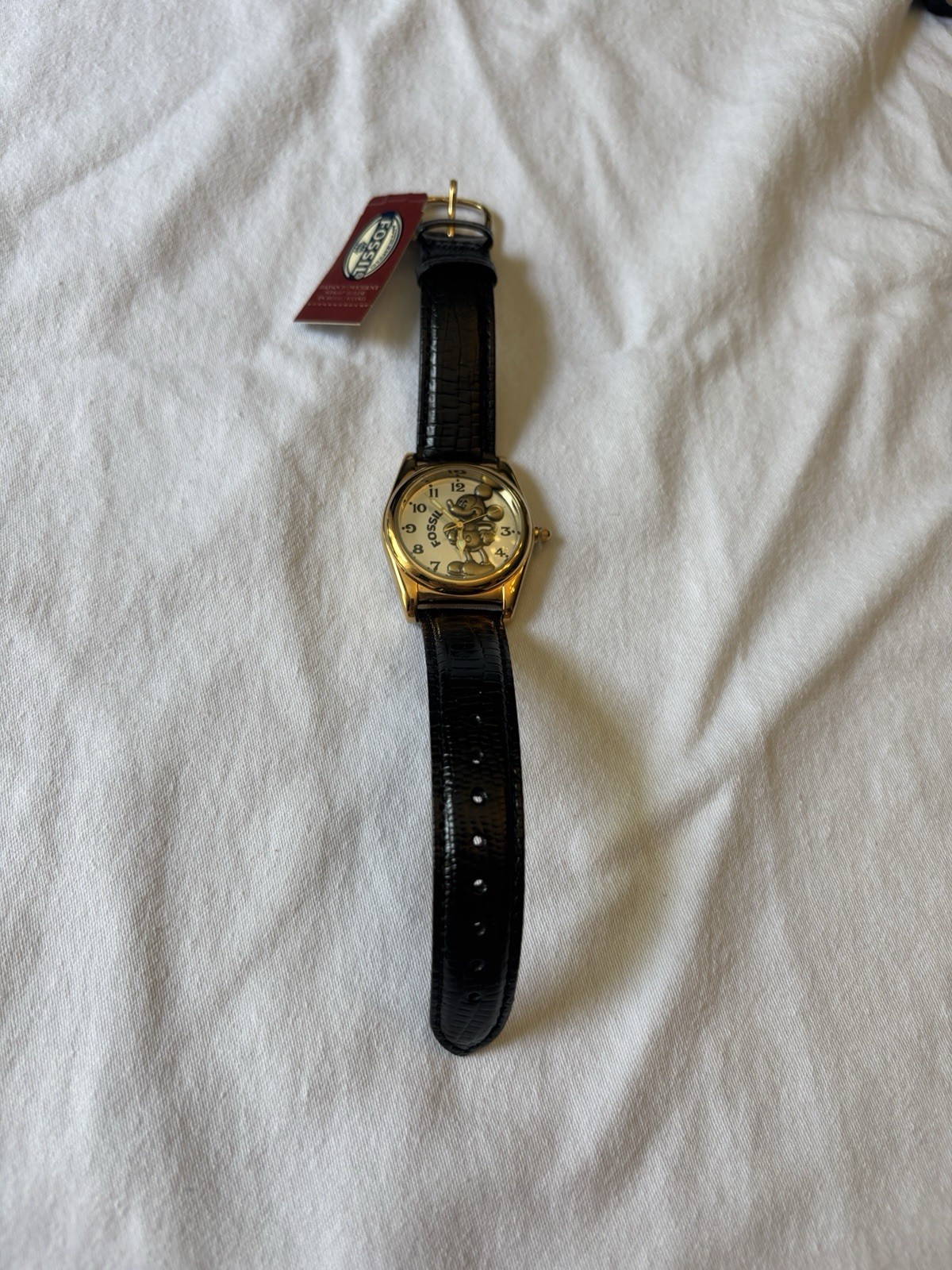 Fossil Mickey Mouse Limited Edition Gold Watch & collectible wood toy. *New