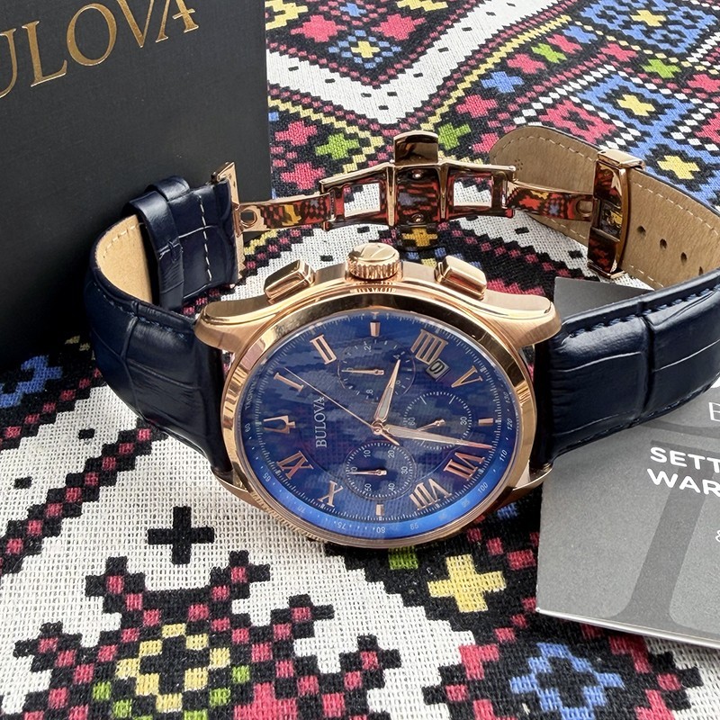 Bulova Classic Wilton Men’s 97B170 Blue Dial Blue Leather Quartz Watch 46.5mm
