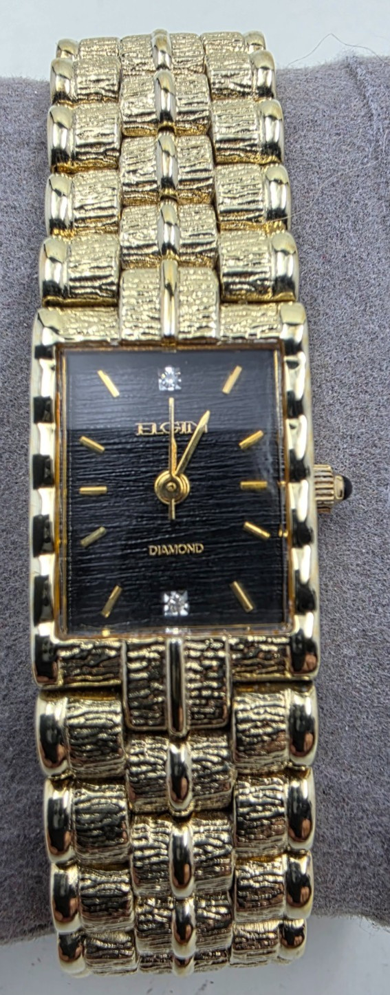 Vintage Elgin Gold Plated Rectangle Watch FG007N Black Textured Dial, Real Diamo