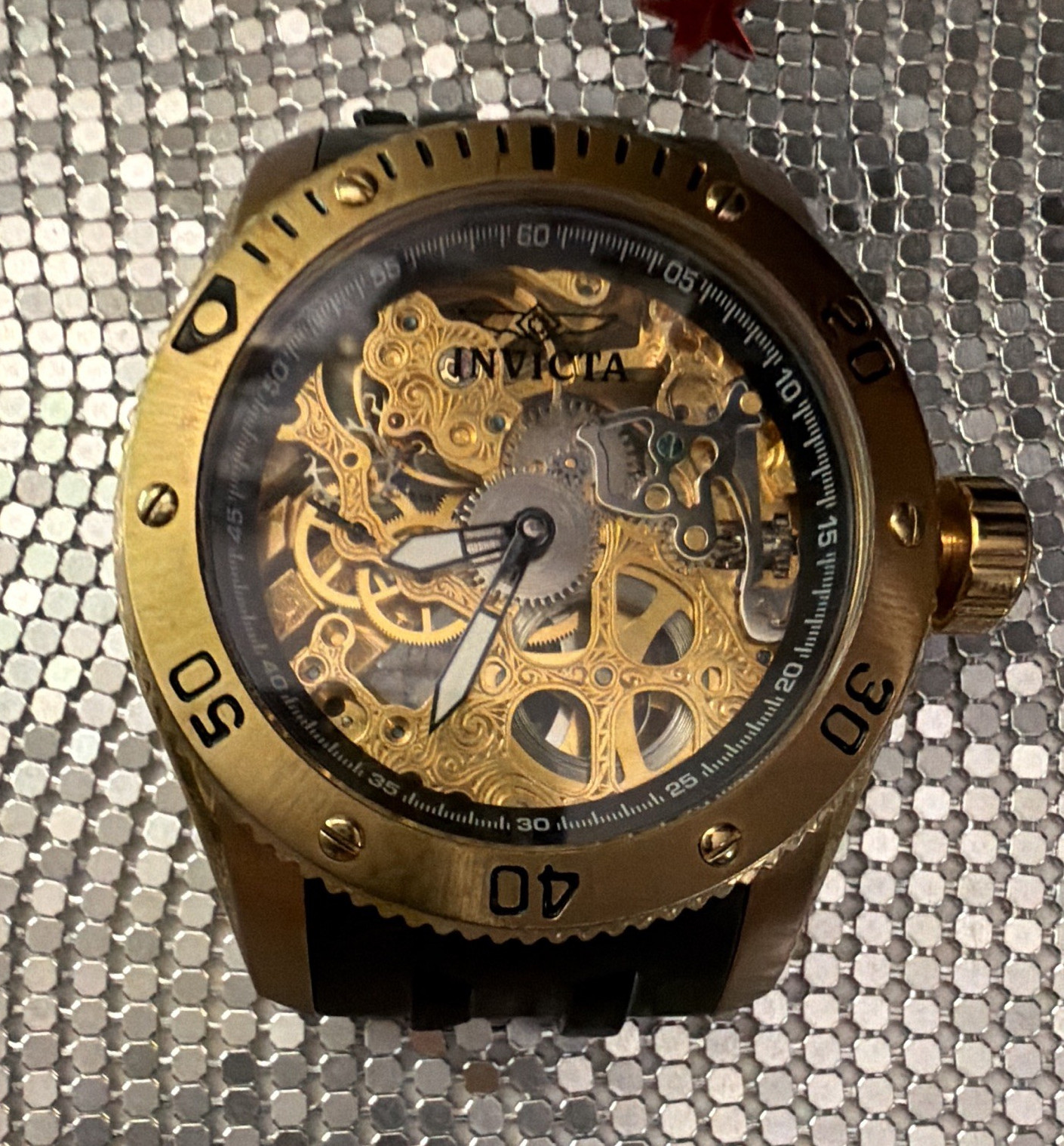 Invicta Sea Spider Skeleton Automatic Gold Tone 50mm Watch Black Silicone 150m