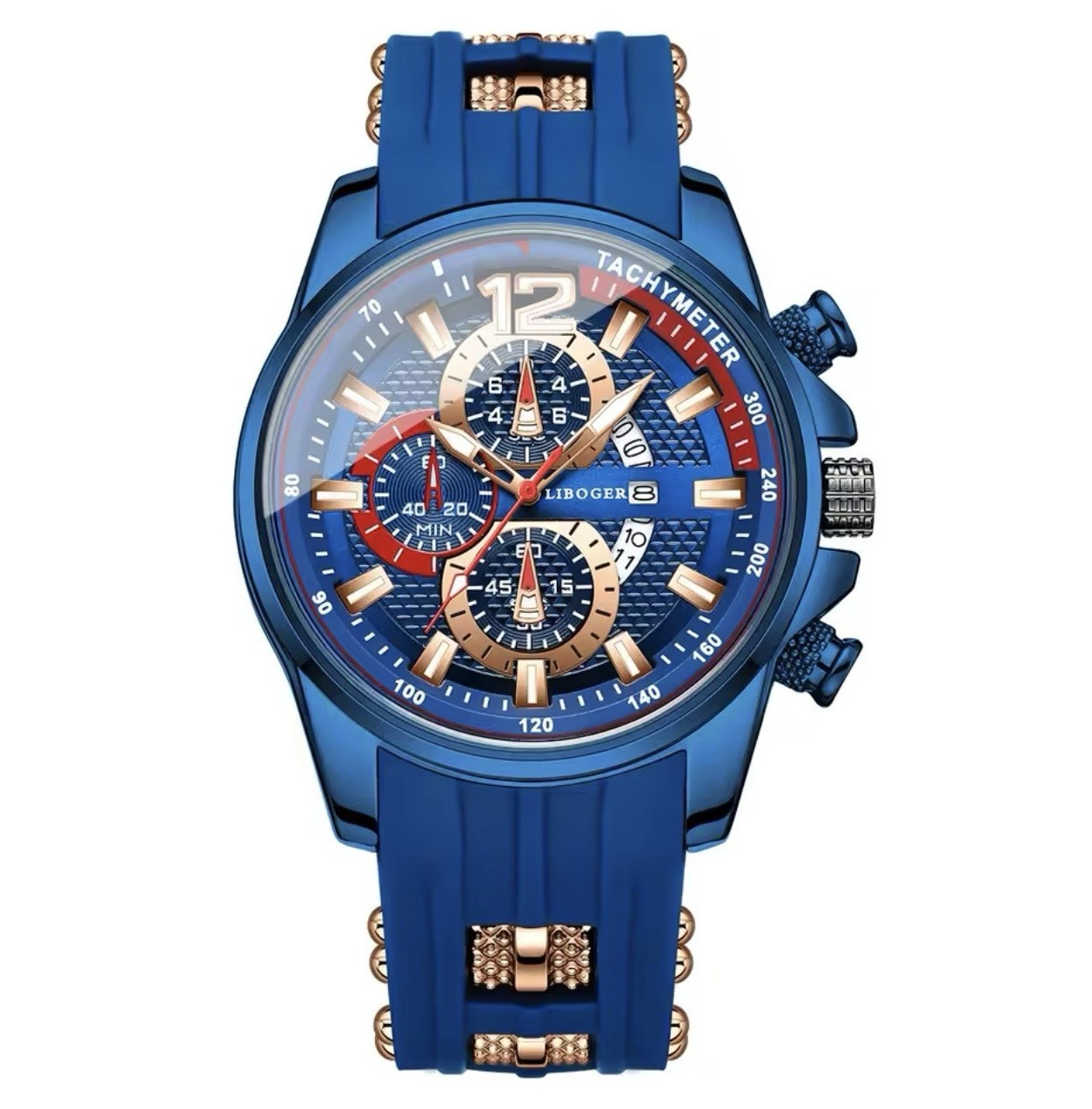 LIBOGER Men’s Chronograph Quartz Watch Tachymeter 47mm Blue Dial Silicone