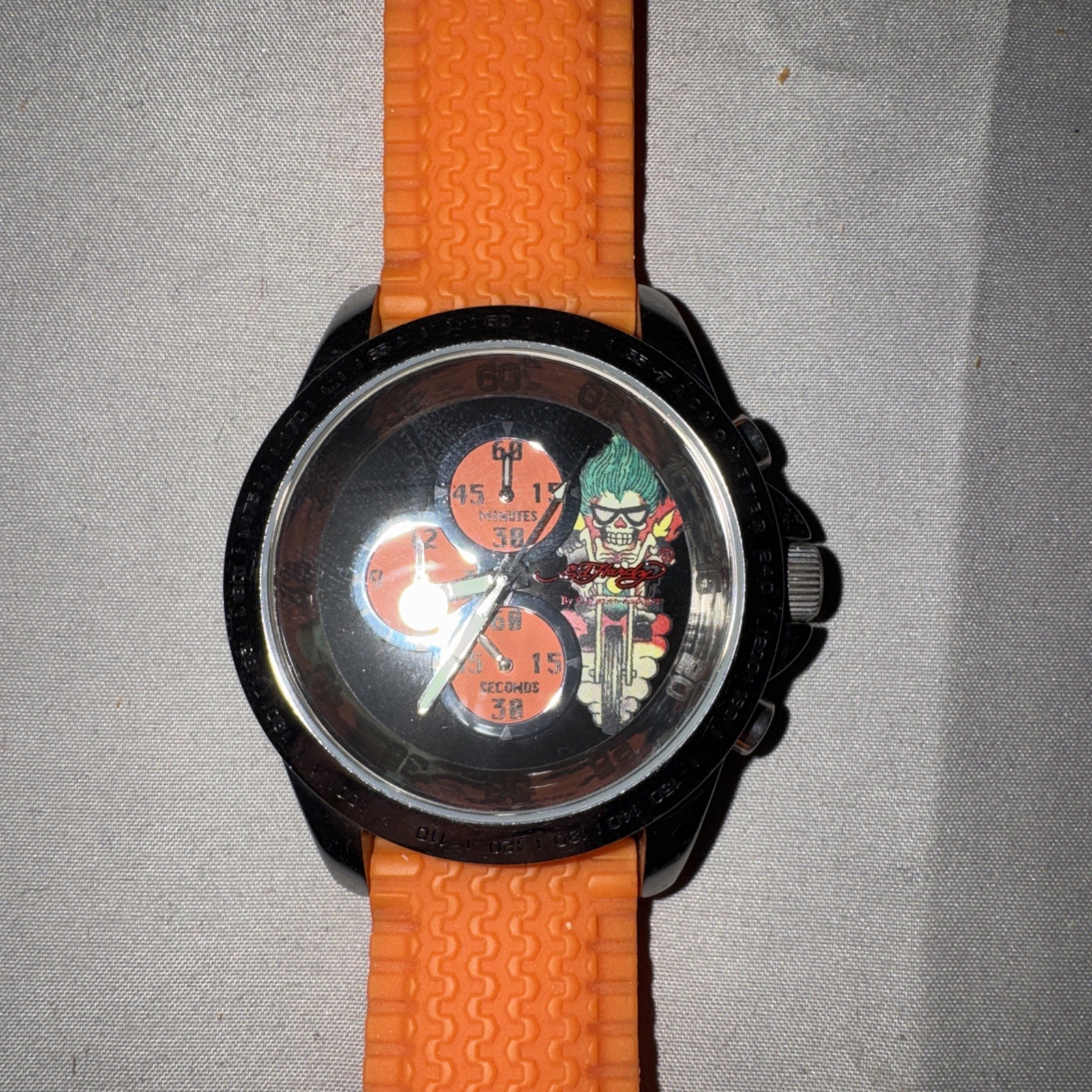 Ed Hardy 45mm Gray Sunburst Dial Dragster Orange Mens Watch DR OR-0709