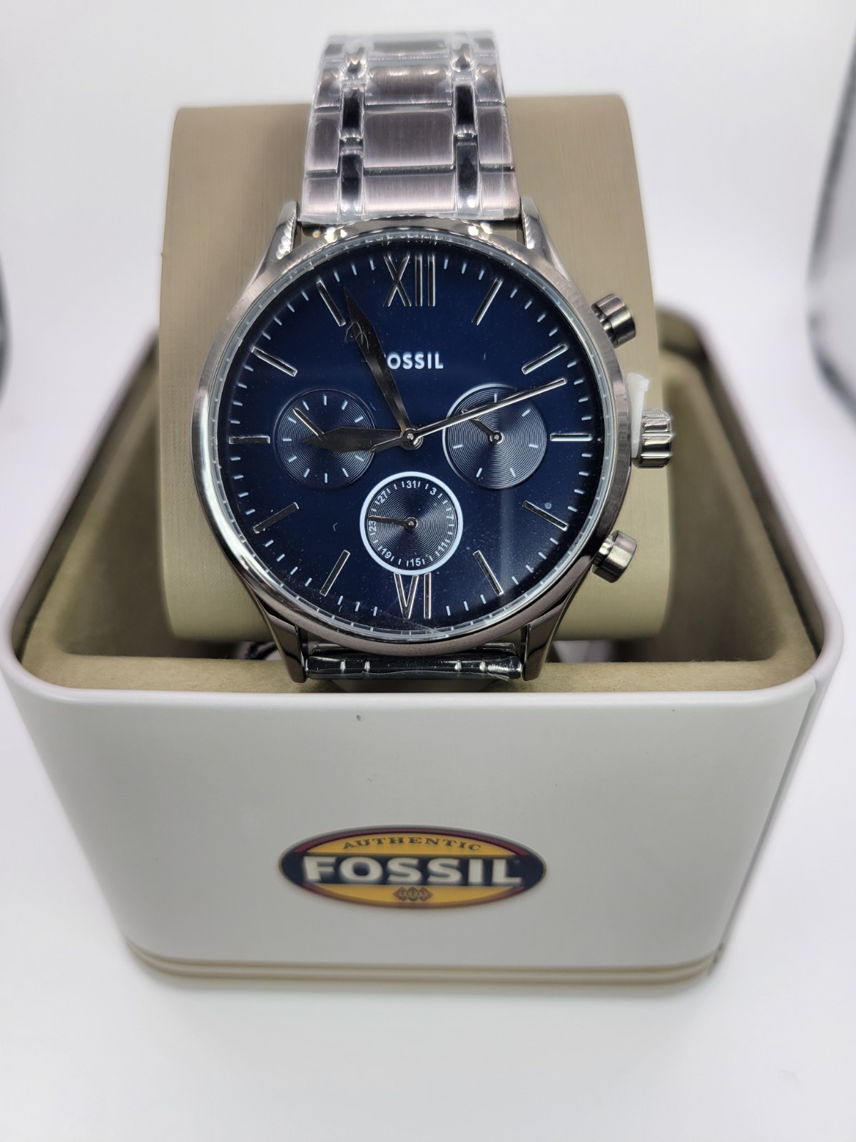 Mens FOSSIL Fenmore Multifunction Watch Blue Dial Day Date Stainless Steel Band