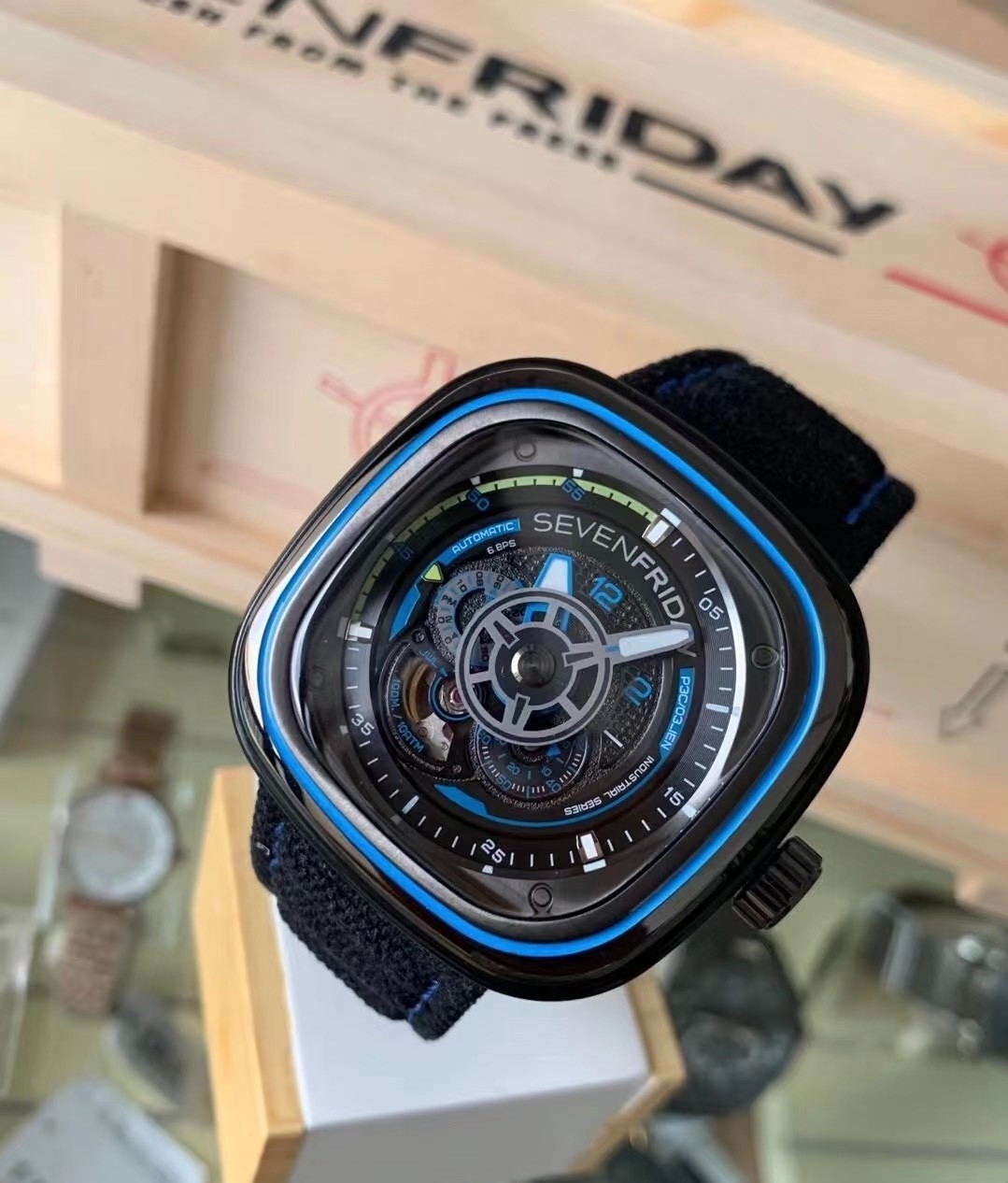 SEVENFRIDAY P3C/03 Black Blue Automatic Canvas Strap Men’s Watch w/ Box