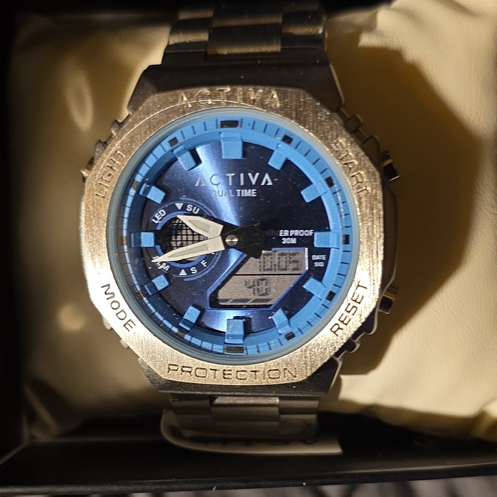 Activa Dual Time Analog-Digital Wristwatch Blue Dial Steel Bracelet 48mm