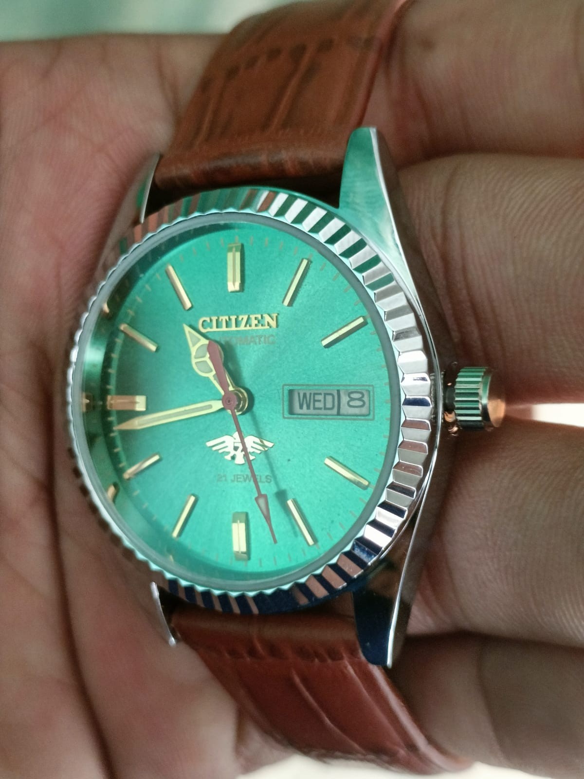 Citizen Automatic Green Dial Day/Date 21 Jewels Stainless Steel Mens Wrist Watch