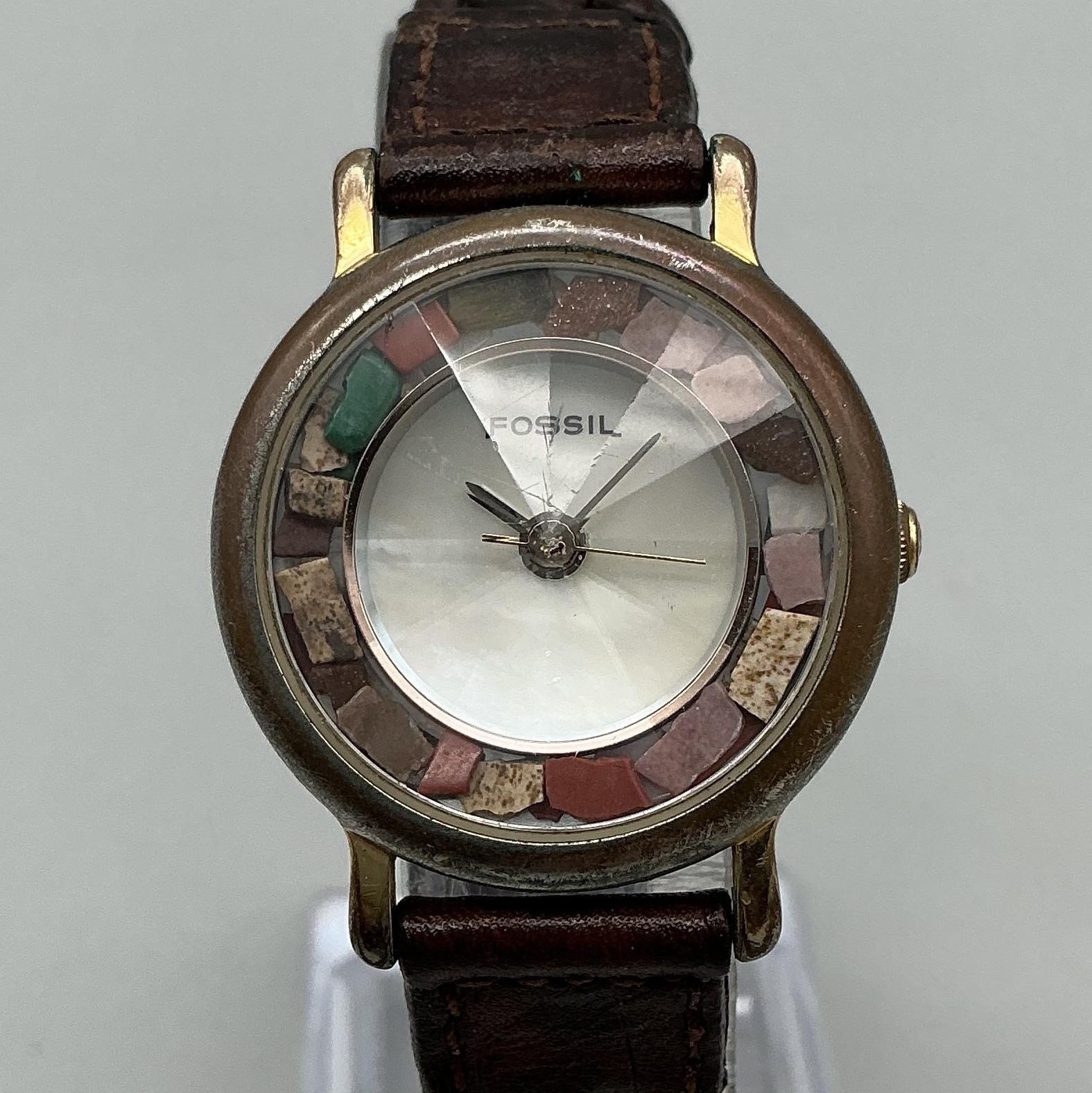 Vintage Fossil Womens Watch 28mm Mosaic Stone Bezel Leather PC-7024 New Battery