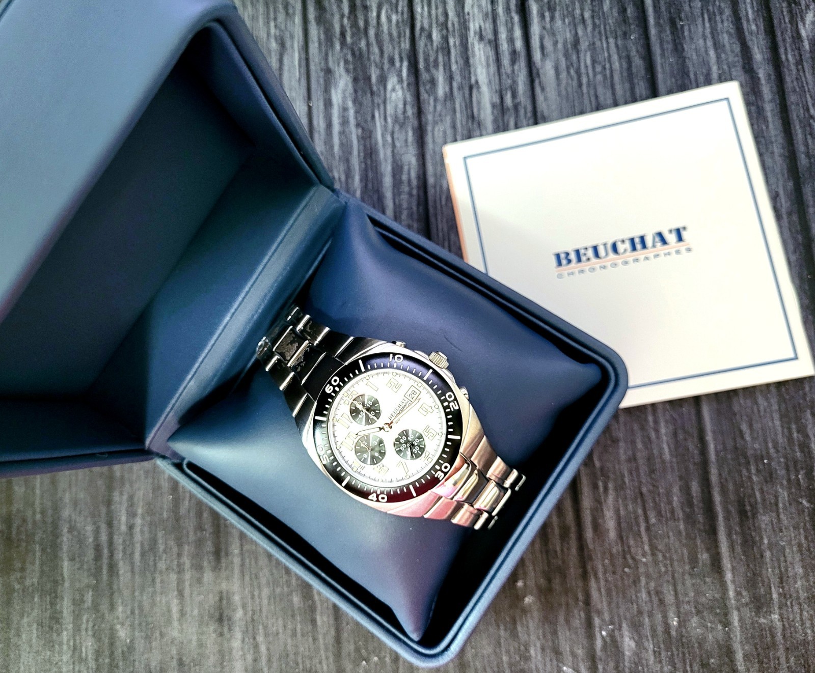 Beuchat Swiss Chrono Watch 100M Mens Watch Box & Papers